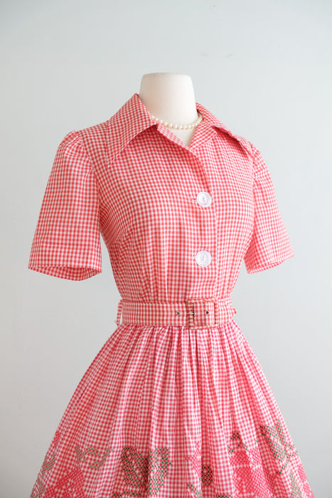 Vintage 1960's Red Gingham Cross Stitch Cotton Picnic Dress / ML
