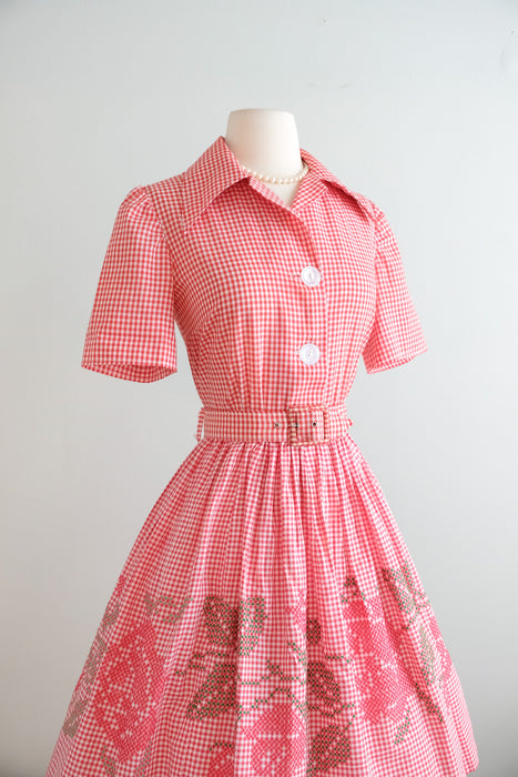 Vintage 1960's Red Gingham Cross Stitch Cotton Picnic Dress / ML