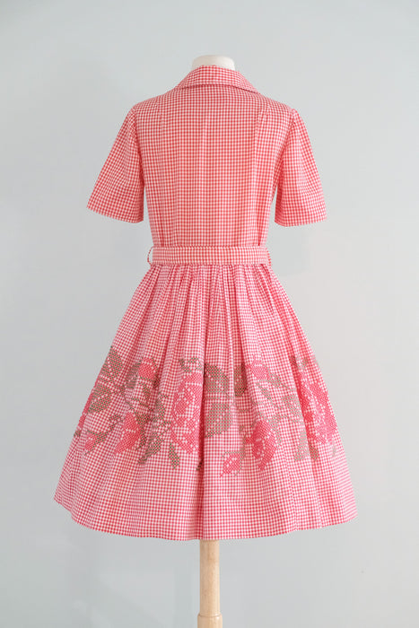 Vintage 1960's Red Gingham Cross Stitch Cotton Picnic Dress / ML