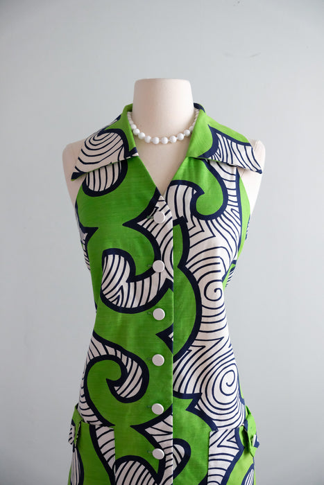 Vintage 1960's Lime Green & Navy Psychedelic Shift Dress by Andrade / S