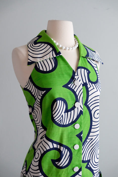 Vintage 1960's Lime Green & Navy Psychedelic Shift Dress by Andrade / S