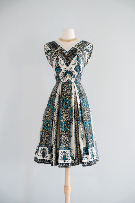 Vintage 1950’s Pineapple 🍍 Printed Cotton Dress in Bronze & Turquoise by Wildman / S