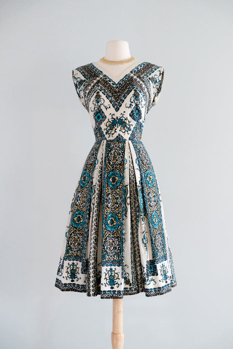 Vintage 1950’s Pineapple 🍍 Printed Cotton Dress in Bronze & Turquoise by Wildman / S
