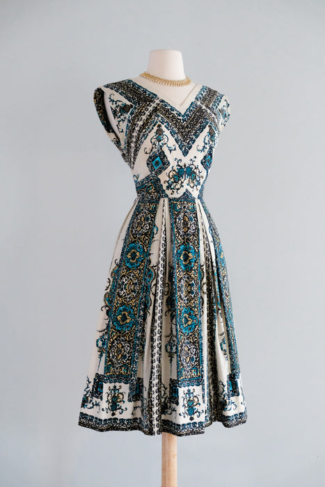 Vintage 1950’s Pineapple 🍍 Printed Cotton Dress in Bronze & Turquoise by Wildman / S
