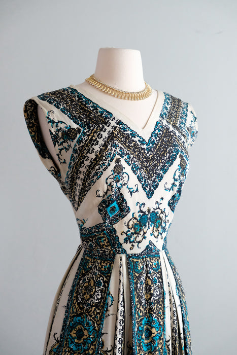 Vintage 1950’s Pineapple 🍍 Printed Cotton Dress in Bronze & Turquoise by Wildman / S