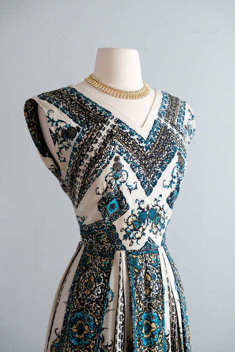 Vintage 1950’s Pineapple 🍍 Printed Cotton Dress in Bronze & Turquoise by Wildman / S