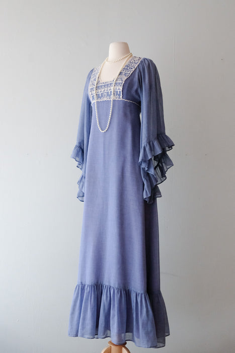 Ethereal 1970's Chambray Ruffled Gown With Angel Sleeves  / Sz XS