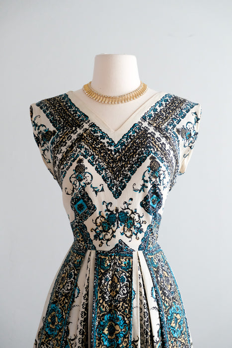 Vintage 1950’s Pineapple 🍍 Printed Cotton Dress in Bronze & Turquoise by Wildman / S