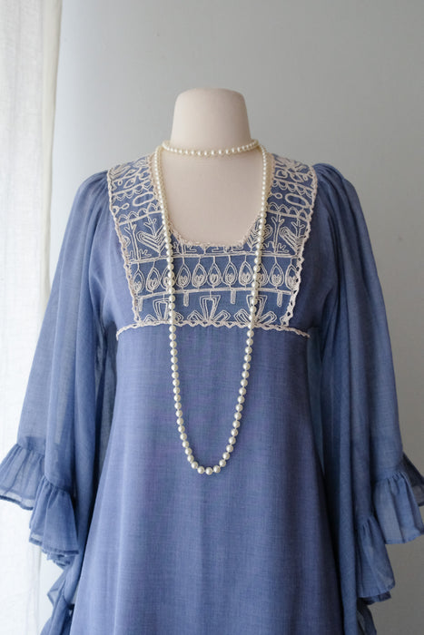 Ethereal 1970's Chambray Ruffled Gown With Angel Sleeves  / Sz XS