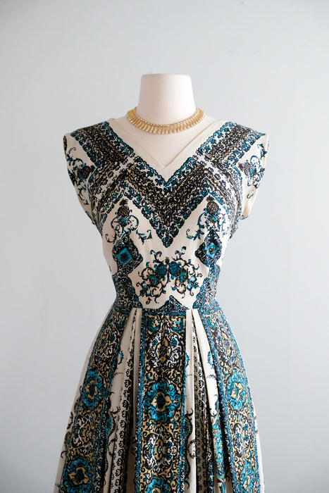 Vintage 1950’s Pineapple 🍍 Printed Cotton Dress in Bronze & Turquoise by Wildman / S