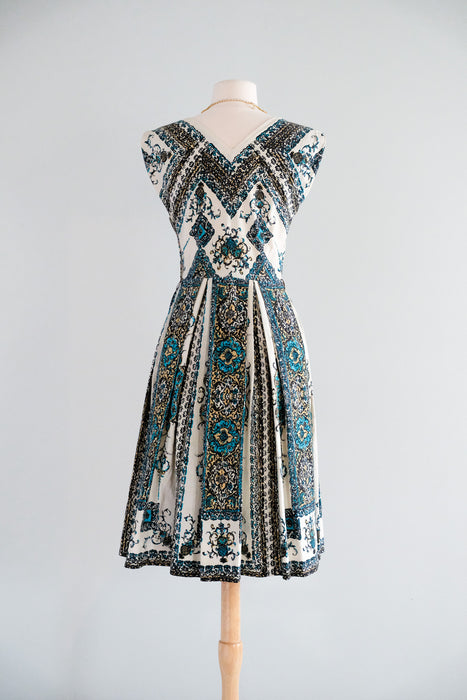 Vintage 1950’s Pineapple 🍍 Printed Cotton Dress in Bronze & Turquoise by Wildman / S