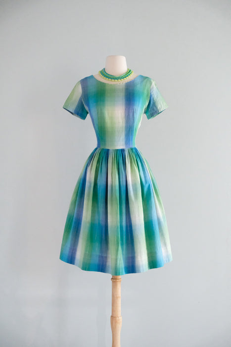 Vintage 1950's Teal & Metallic Silver Shadow Plaid Cotton Dress by Fashion Frock / M