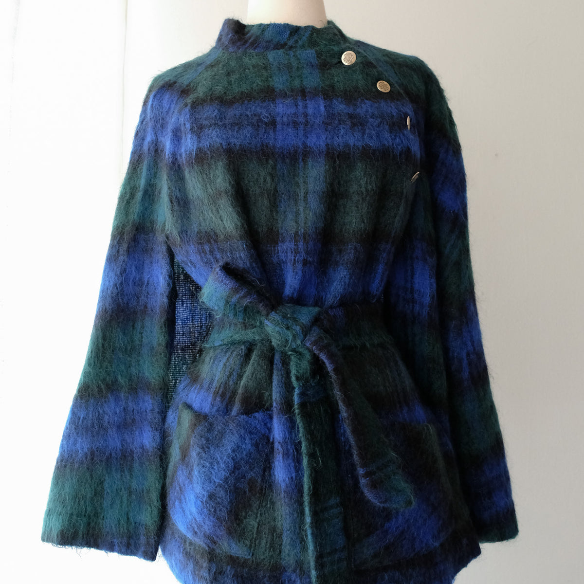 Adorable 1960's Blue and Green Plaid Mohair Made in Scotland Cape