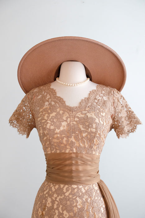 Vintage 1950's Nude Beige Lace Cocktail Dress by Norman / S