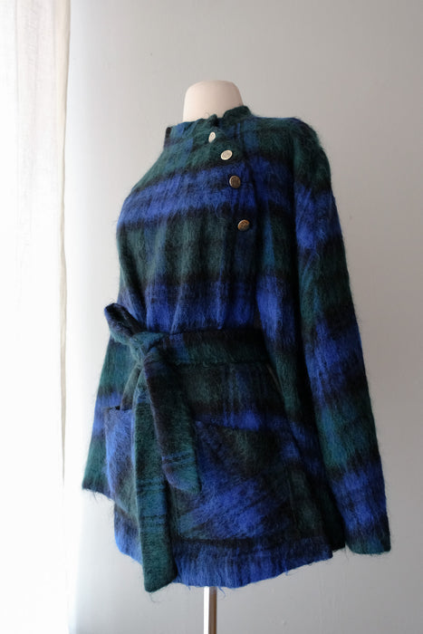 Adorable 1960's Blue and Green Plaid Mohair Made in Scotland Cape / OS