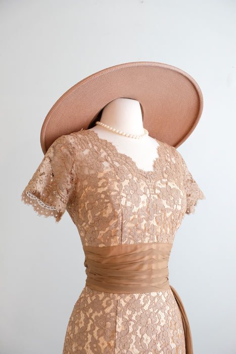 Vintage 1950's Nude Beige Lace Cocktail Dress by Norman / S