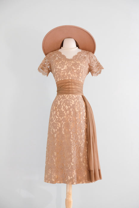 Vintage 1950's Nude Beige Lace Cocktail Dress by Norman / S
