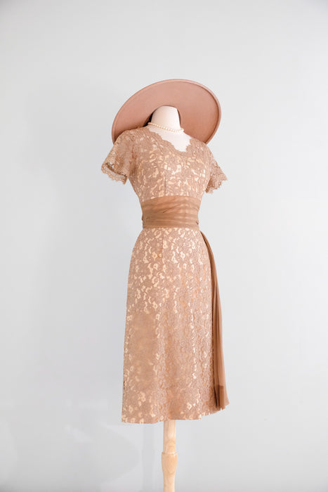 Vintage 1950's Nude Beige Lace Cocktail Dress by Norman / S