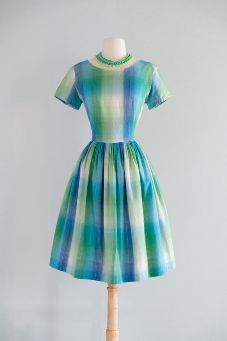 Vintage 1950's Teal & Metallic Silver Shadow Plaid Cotton Dress by Fashion Frock / M