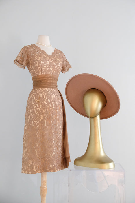 Vintage 1950's Nude Beige Lace Cocktail Dress by Norman / S