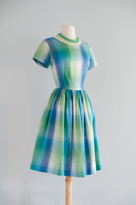 Vintage 1950's Teal & Metallic Silver Shadow Plaid Cotton Dress by Fashion Frock / M