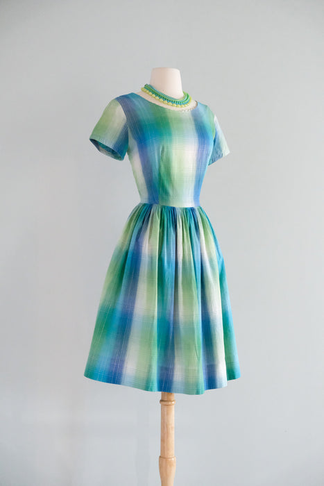 Vintage 1950's Teal & Metallic Silver Shadow Plaid Cotton Dress by Fashion Frock / M