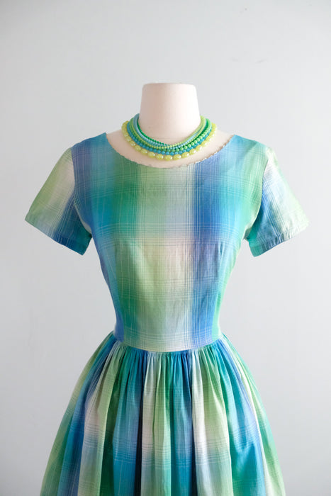 Vintage 1950's Teal & Metallic Silver Shadow Plaid Cotton Dress by Fashion Frock / M