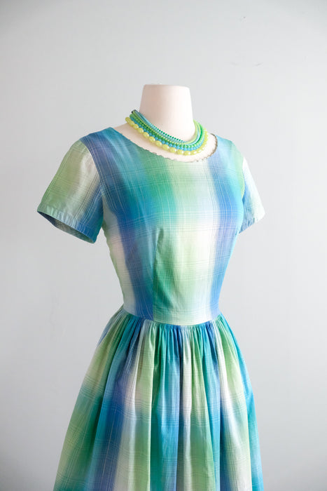 Vintage 1950's Teal & Metallic Silver Shadow Plaid Cotton Dress by Fashion Frock / M