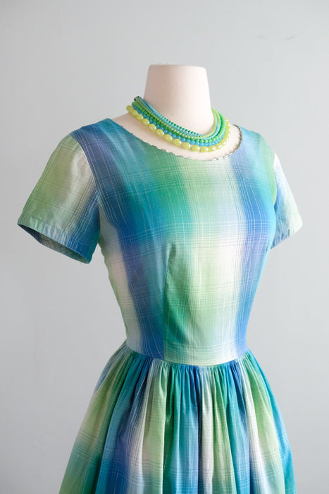 Vintage 1950's Teal & Metallic Silver Shadow Plaid Cotton Dress by Fashion Frock / M