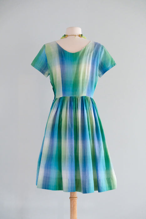 Vintage 1950's Teal & Metallic Silver Shadow Plaid Cotton Dress by Fashion Frock / M