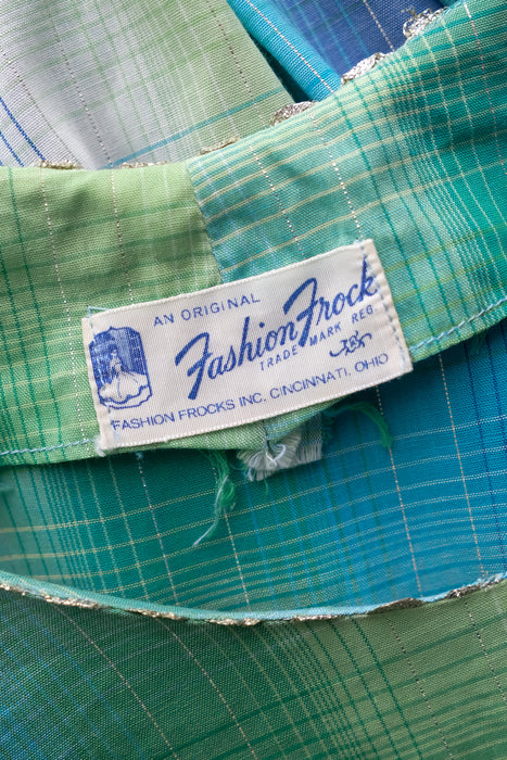 Vintage 1950's Teal & Metallic Silver Shadow Plaid Cotton Dress by Fashion Frock / M