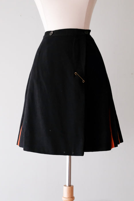 Spooky 1960's Black & Orange Vintage Wool Cheer Skirt  / Sz S