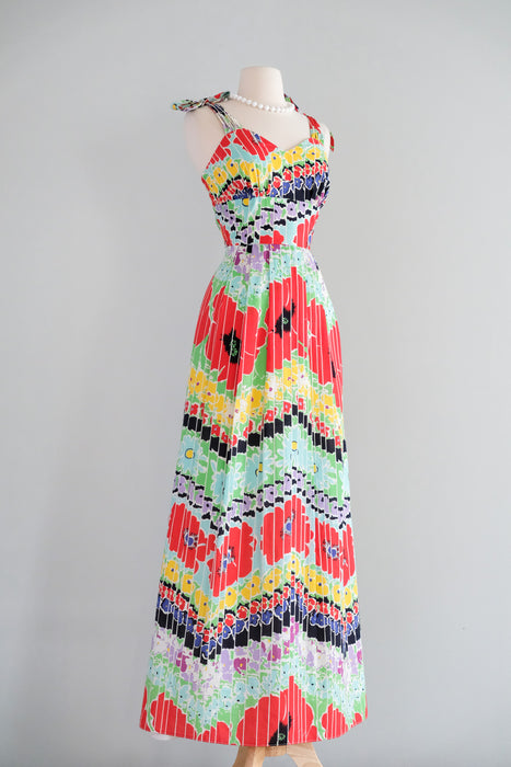 Vintage 1970's Bold Poppy Print Cotton Gown by Vera Mont Paris / S