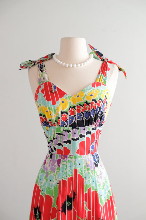 Vintage 1970's Bold Poppy Print Cotton Gown by Vera Mont Paris / S