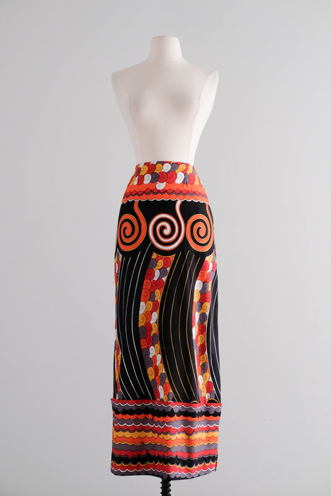 Bold Pucci Inspired 1970's Swirling Geometric Column Skirt / Sz S
