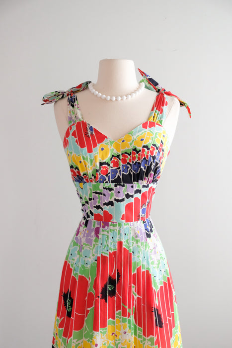 Vintage 1970's Bold Poppy Print Cotton Gown by Vera Mont Paris / S