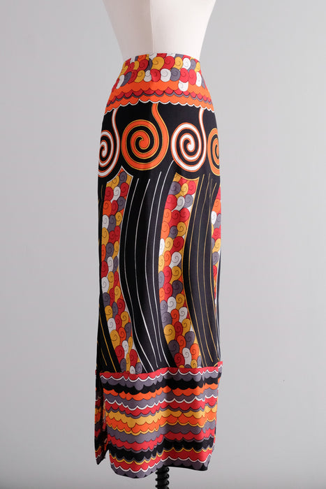 Bold Pucci Inspired 1970's Swirling Geometric Column Skirt / Sz S