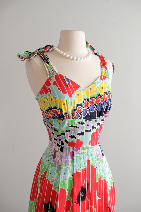 Vintage 1970's Bold Poppy Print Cotton Gown by Vera Mont Paris / S