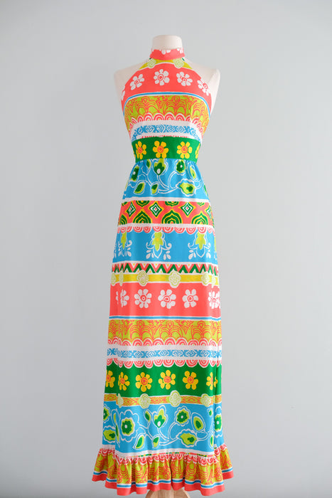 Vintage 1970’s Colorful Striped Floral Gown by Ruth Norman / S