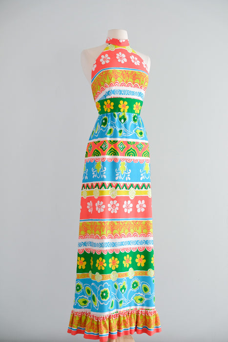 Vintage 1970’s Colorful Striped Floral Gown by Ruth Norman / S
