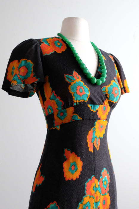 Sweet 1970's Autumn Floral Wool Knit Maxi Dress / Sz S