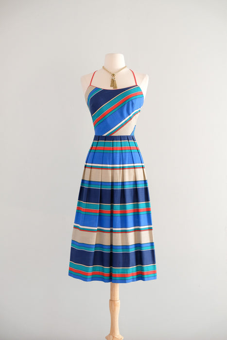 Vintage 1980s Nautical Striped Dress with Open Back by Lanz / S