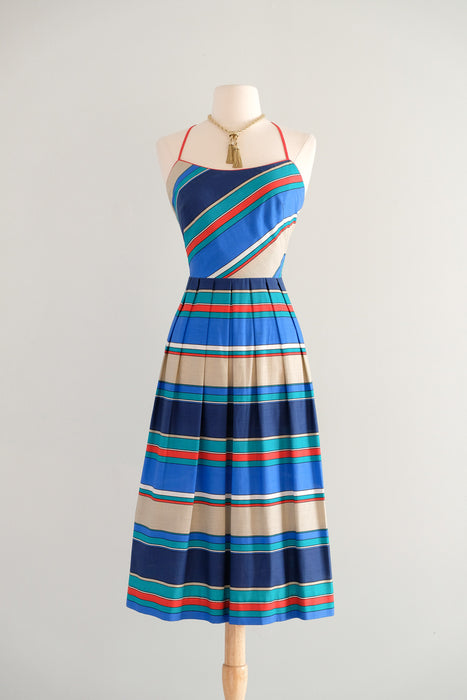 Vintage 1980s Nautical Striped Dress with Open Back by Lanz / S