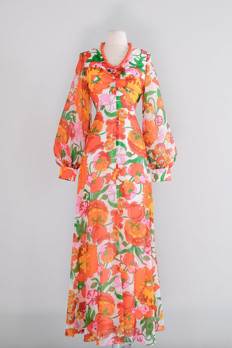 Epic 1970's Persimmon Floral Carnation Gown  / M