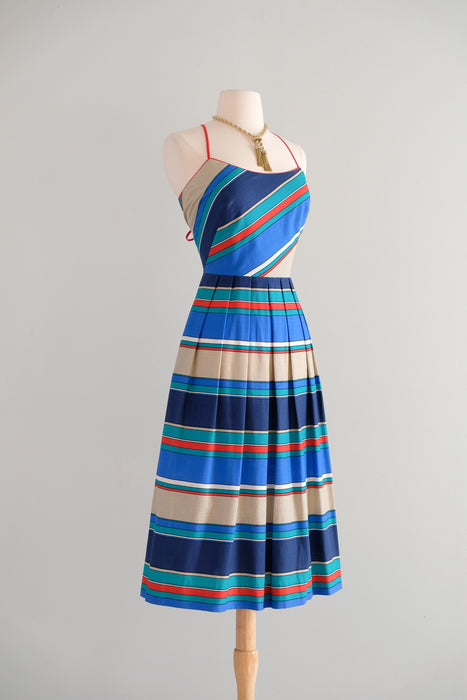 Vintage 1980s Nautical Striped Dress with Open Back by Lanz / S
