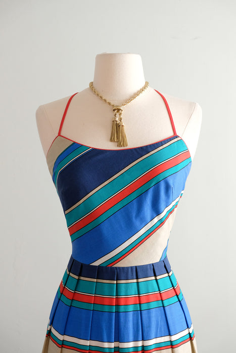 Vintage 1980s Nautical Striped Dress with Open Back by Lanz / S