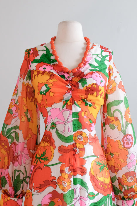 Epic 1970's Persimmon Floral Carnation Gown  / M