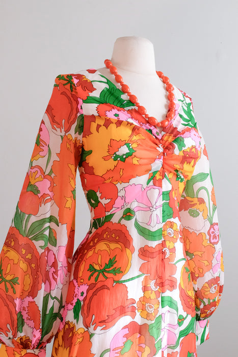 Epic 1970's Persimmon Floral Carnation Gown  / M