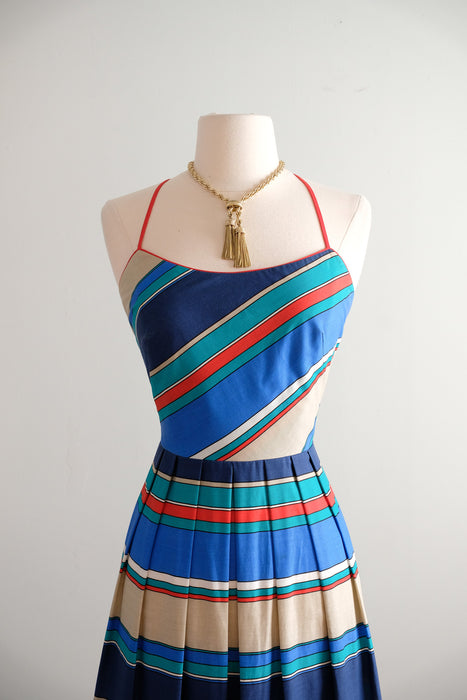 Vintage 1980s Nautical Striped Dress with Open Back by Lanz / S