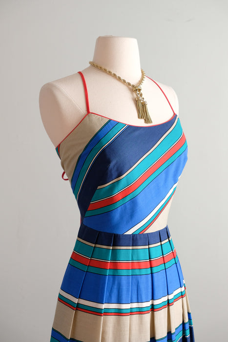 Vintage 1980s Nautical Striped Dress with Open Back by Lanz / S